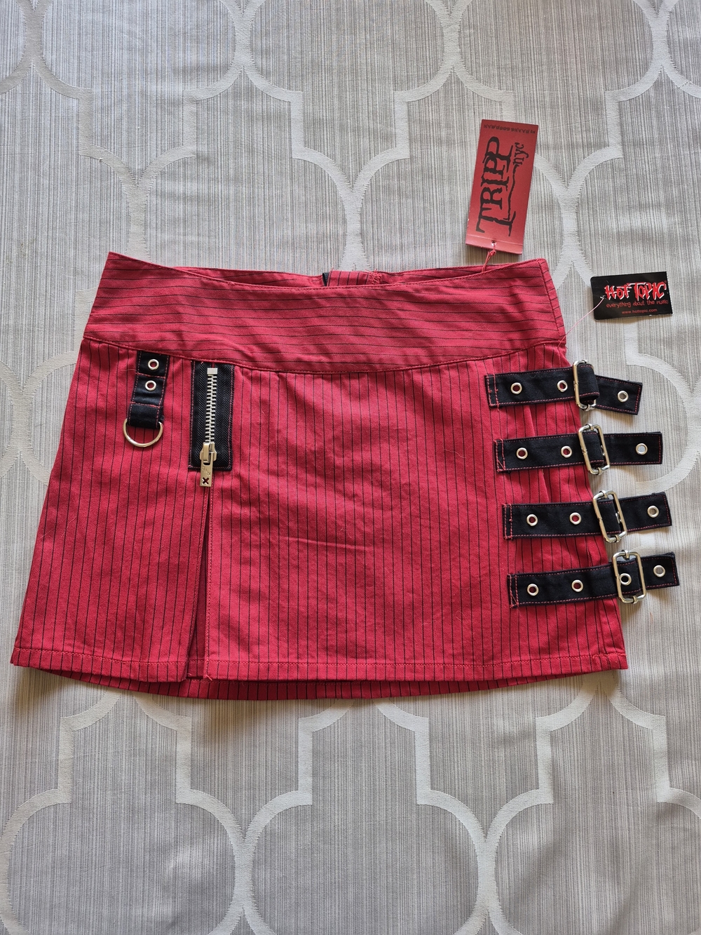 Tripp NYC Red Pinstripe Mini Skirt with Black Buckle Straps